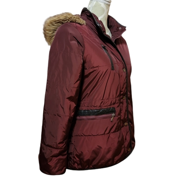 Fur Trimmed Hooded Parka - Burgundy - Picture 3 of 10